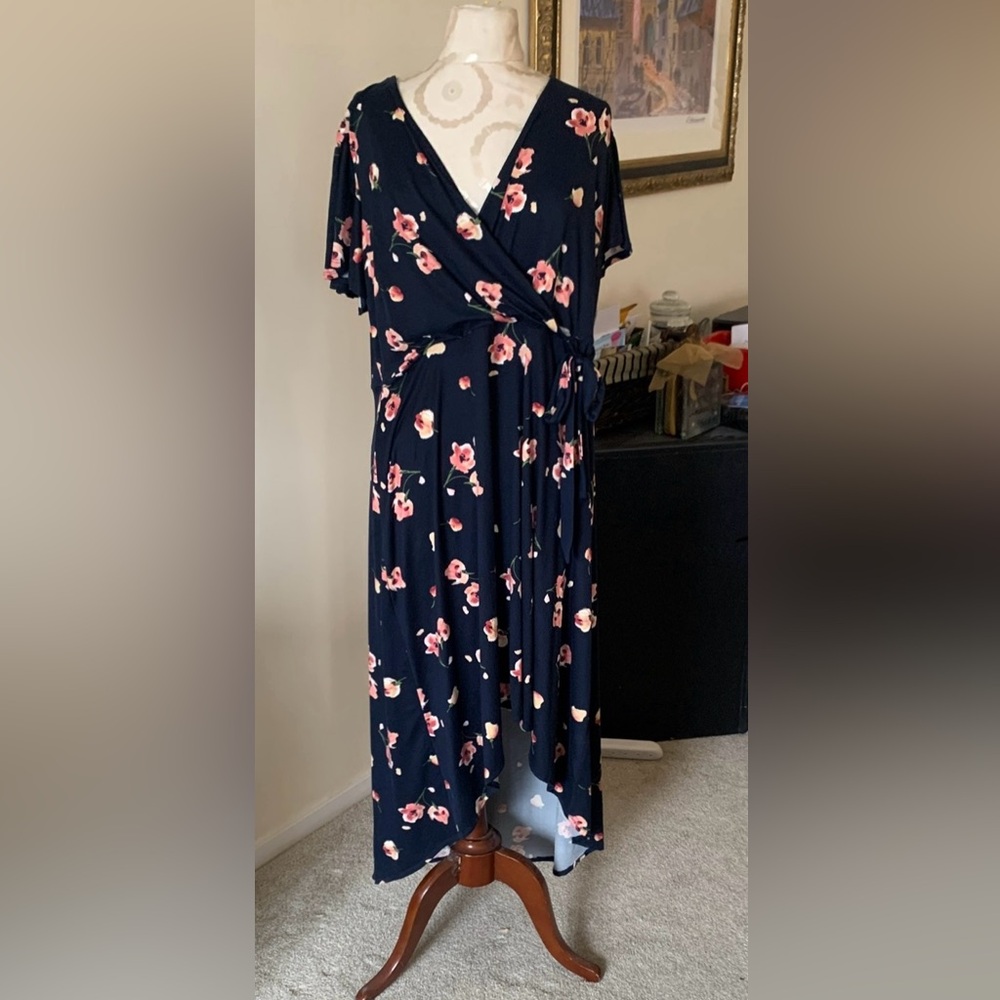 Floral Wrap Maxi Dress - Navy with Pink Print